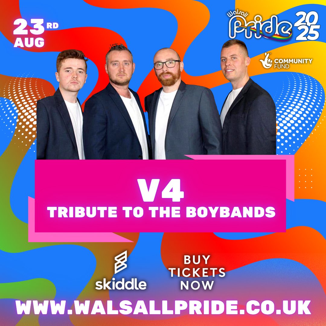 📷 MAINSTAGE ANNOUNCEMENT 📷
We’re beyond excited to welcome V4  – Tribute to the Boybands back to the Walsall Pride 2025 Mainstage on Saturday 23rd August! 📷📷 #pride #walsall #walsallpride25 #walsallpride #lgbt #festival #westmidlands #LGBTQIA #pridemonth #Pride2025