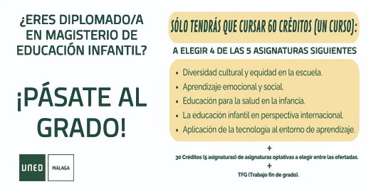 ¿Eres Diplomado/a en #magisterioeneducacióninfantil? ¡Pásate al GRADO! Toda la info-> unedmalaga.es 
#UNED #SomosUNED #Unedianos #Málaga