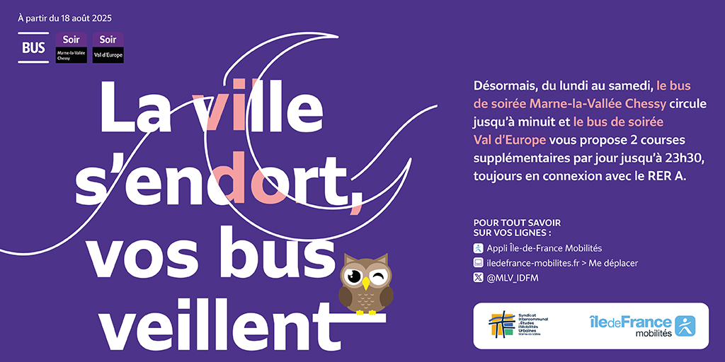 🦉Du nouveau AUSSI sur les #busdesoiree !
Profitez d'offre supplémentaire sur les bus de soirée de Gare de Val d'Europe et MLV Chessy !
Pour plus d'information : iledefrance-mobilites.fr/actualites/loc…

#Rentrée2025 #MobilitéUrbaine #Nouveaute