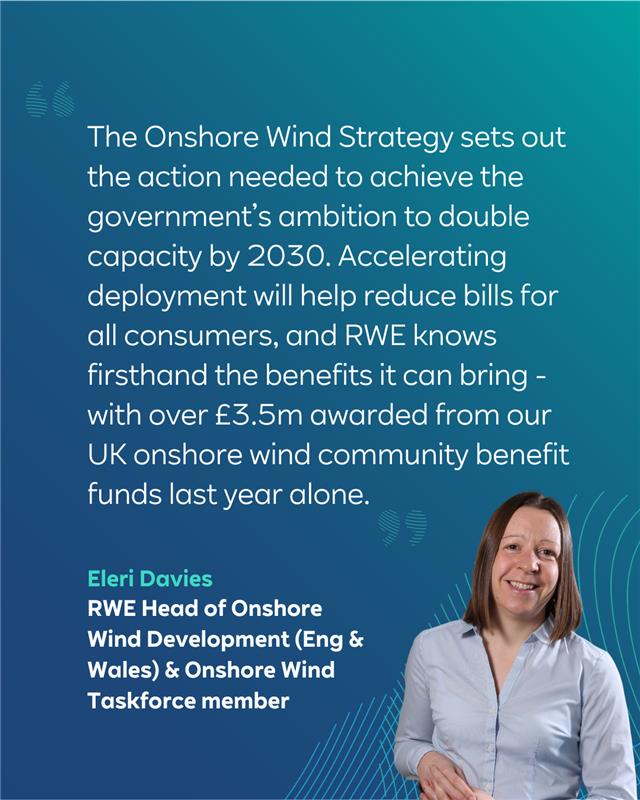 RWE_UK's tweet image. 📢 The UK Govt has published its new Onshore Wind Strategy — with 40+ actions to accelerate deployment.
We're proud to see RWE’s Eleri Davies contribute as part of the Industry Taskforce shaping this roadmap.
Read her reaction in full: uk.rwe.com/press-and-news…
