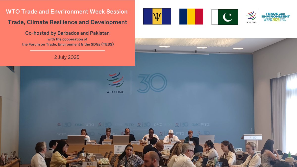 TESSForum's tweet image. TESS was pleased to contribute to the session “Trade, Climate Resilience and Development,” held this week as part of the WTO’s Trade and Environment Week 2025. 🌍
Co-hosted by Barbados, Chad, and Pakistan, with the support of TESS, the event brought together a range of…