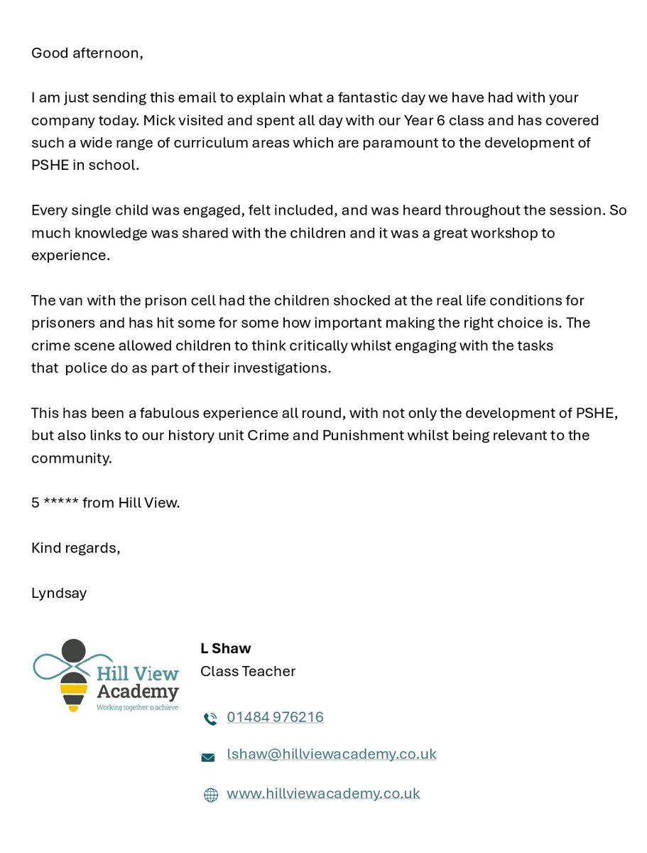 5***** Review from Hill View Primary School, Huddersfield this week. Thank you :)