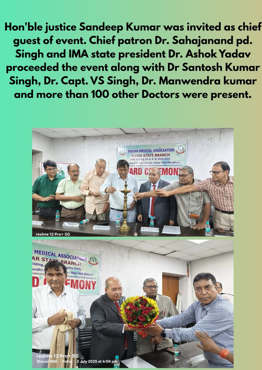 imamsn_Bihar's tweet photo. IMA Bihar marked Dr. A.K.N. Sinha’s 31st death anniversary by honoring 12 doctors with the Rashtriya Samman.

The event included a floral tribute, a talk on Onco Nutrition, and an address by Hon’ble Justice Sandeep Kumar.

#IMA #AKNSinha #medical #MedicalAwards #imamsnBihar https://t.co/vUNwASNOHm