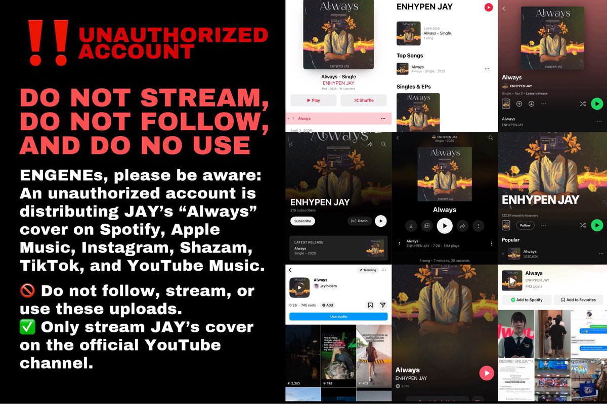 ppck25's tweet photo. Hello @BELIFTLAB,

An unauthorized account has uploaded ENHYPEN JAY’s cover of “Always” on multiple streaming platforms. This misleads the public and infringes on his rights as an artist. We kindly ask for your prompt action to protect his work and prevent further misuse. https://t.co/ZUBO4SsgdY