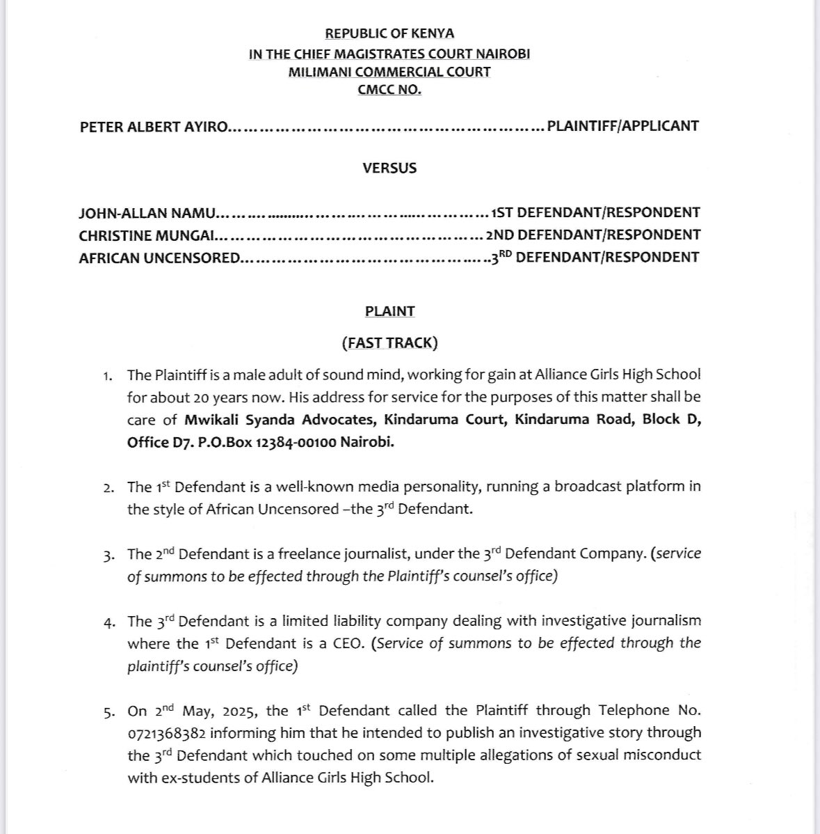 John-Allan Namu (@johnallannamu) on Twitter photo This investigation by <a href="/chris_mungai/">Christine Mungai</a> was the result of 4 years of work, with over 60,000 words of testimony, interviews with dozens of former students and teachers at Alliance Girls High School.
But just before publication, Ayiro rushed to court and filed this lawsuit: This investigation by <a href="/chris_mungai/">Christine Mungai</a> was the result of 4 years of work, with over 60,000 words of testimony, interviews with dozens of former students and teachers at Alliance Girls High School.
But just before publication, Ayiro rushed to court and filed this lawsuit: