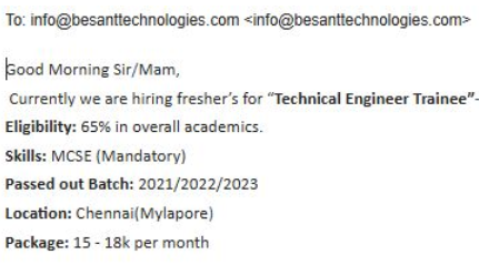 besanttech's tweet image. Besant Technologies Tie-up company Job Openings.  

Currently we are hiring fresher’s for “Technical Engineer Trainee”- Data center role. 

Skills: MCSE (Mandatory)

Passed out Batch: 2021/2022/2023

Location: Chennai(Mylapore)

Package: 15 - 18k per month

#Freshersopenings