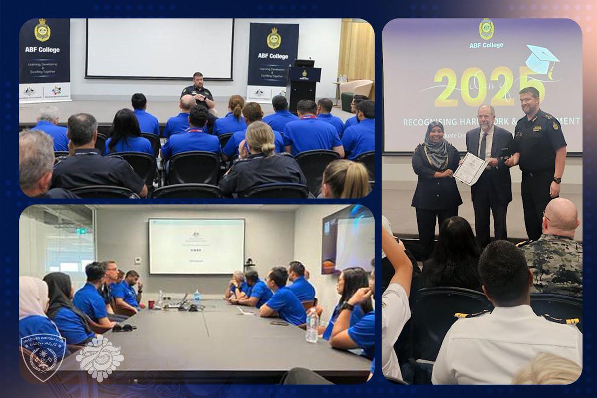 ImmigrationMV's tweet photo. Deputy Chief Immigration Officer Aishath Inasa has successfully completed the Graduate Certificate of Law (Summer) program conducted by the @AusBorderForce  under the Indian Ocean Maritime Security Program, funded by DFAT. Held from 17 February to 30 June 2025, this bespoke postgraduate course, delivered by The Australian National University, aimed to strengthen maritime security capabilities and foster regional cooperation.