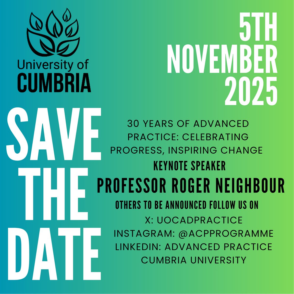 📅 Save the Date!
On 5th November 2025, we’re celebrating delivering 30 Years of Advanced Practice education
Last year was a huge success, and we’re back with an inspiring programme 💬
🌟 Keynote: Professor Roger Neighbour, more to be announced
📲 Follow for updates
 #UoC #Online