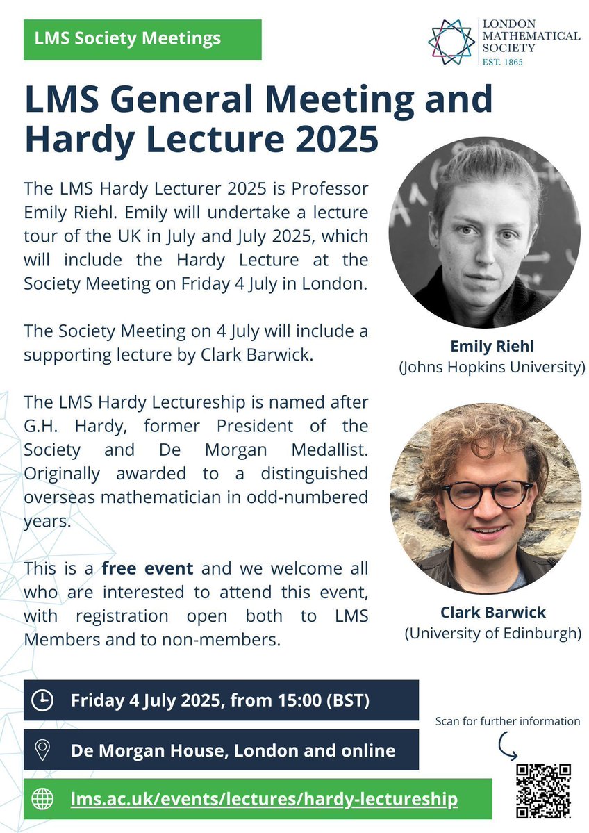 LondMathSoc's tweet image. ✨ 𝙏𝙊𝘿𝘼𝙔'𝙎 𝙏𝙃𝙀 𝘿𝘼𝙔 ✨
Join us for the LMS General Meeting and Hardy Lecture with guest speakers @emilyriehl and Clark Barwick (@EdinUniMaths).
In-person registration is full but you can register for the livestream ➡️ lms.ac.uk/events/lms-gen…