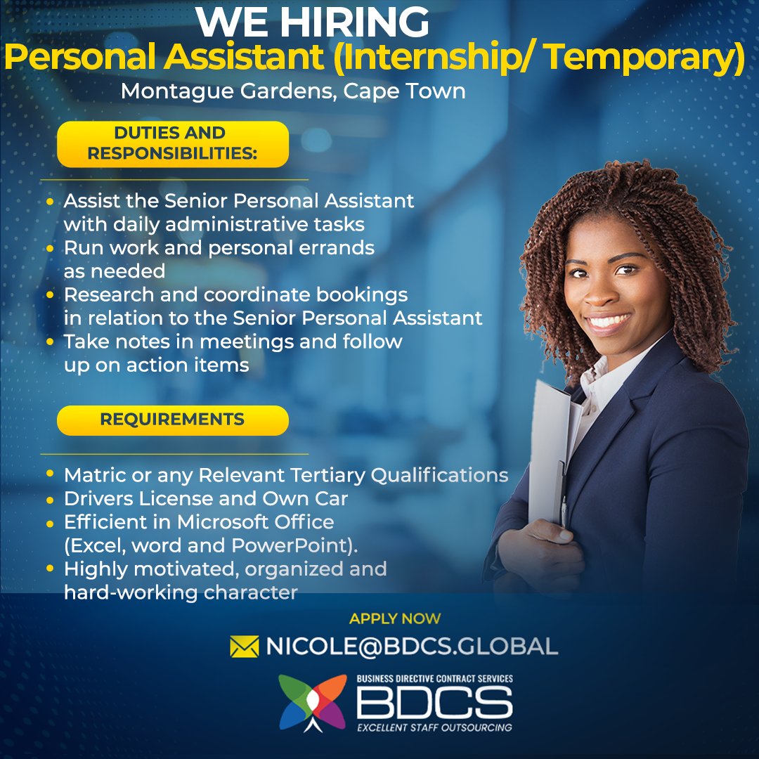 Business Directive Contract Services (@bdcsglobal1) on Twitter photo 🚨 We're Hiring!
Join BDCS as a Personal Assistant Intern in Cape Town!
📍 Montague Gardens | 🚗 Own car needed
📧 Apply now: nicole@bdcs.global
#BDCS #JobOpportunity #CapeTownJobs #Internship #AdminAssistant 🚨 We're Hiring!
Join BDCS as a Personal Assistant Intern in Cape Town!
📍 Montague Gardens | 🚗 Own car needed
📧 Apply now: nicole@bdcs.global
#BDCS #JobOpportunity #CapeTownJobs #Internship #AdminAssistant
