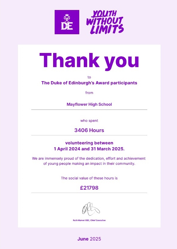 We were honoured to receive a certificate from DofE this week celebrating the amount of hours our students have spend volunteering this past year. Congratulations to everyone who has taken part!