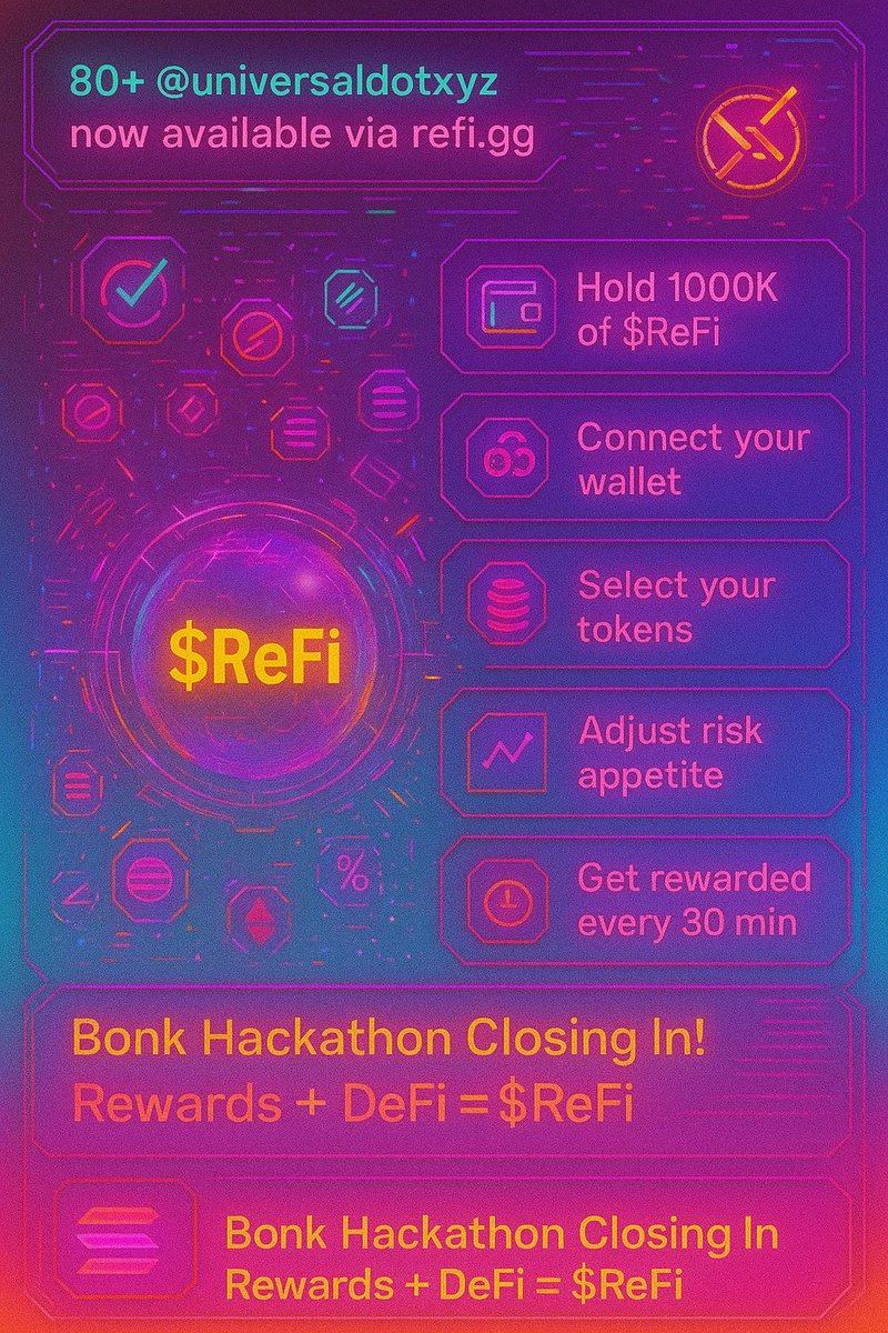 80+ <a href="/universaldotxyz/">Universal | uAssets</a> now available to select for rewards via refi.gg

1: hold 100K of $ReFi
2: connect your wallet
3: select your tokens
4: adjust your risk appetite
5: get rewarded in them every 30 minutes!

Bonk hackathon competition closing in now!

Rewards +