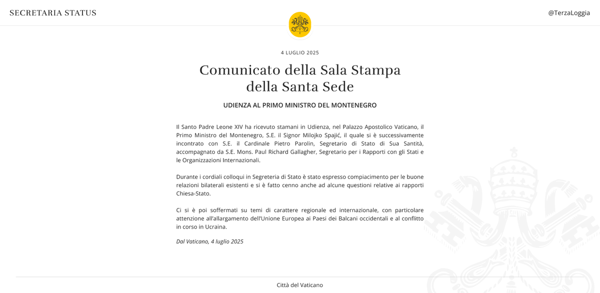TerzaLoggia's tweet image. Il Santo Padre Leone XIV ha ricevuto oggi in Udienza, nel Palazzo Apostolico Vaticano, il Primo Ministro del Montenegro, S.E. il Signor Milojko Spajić.