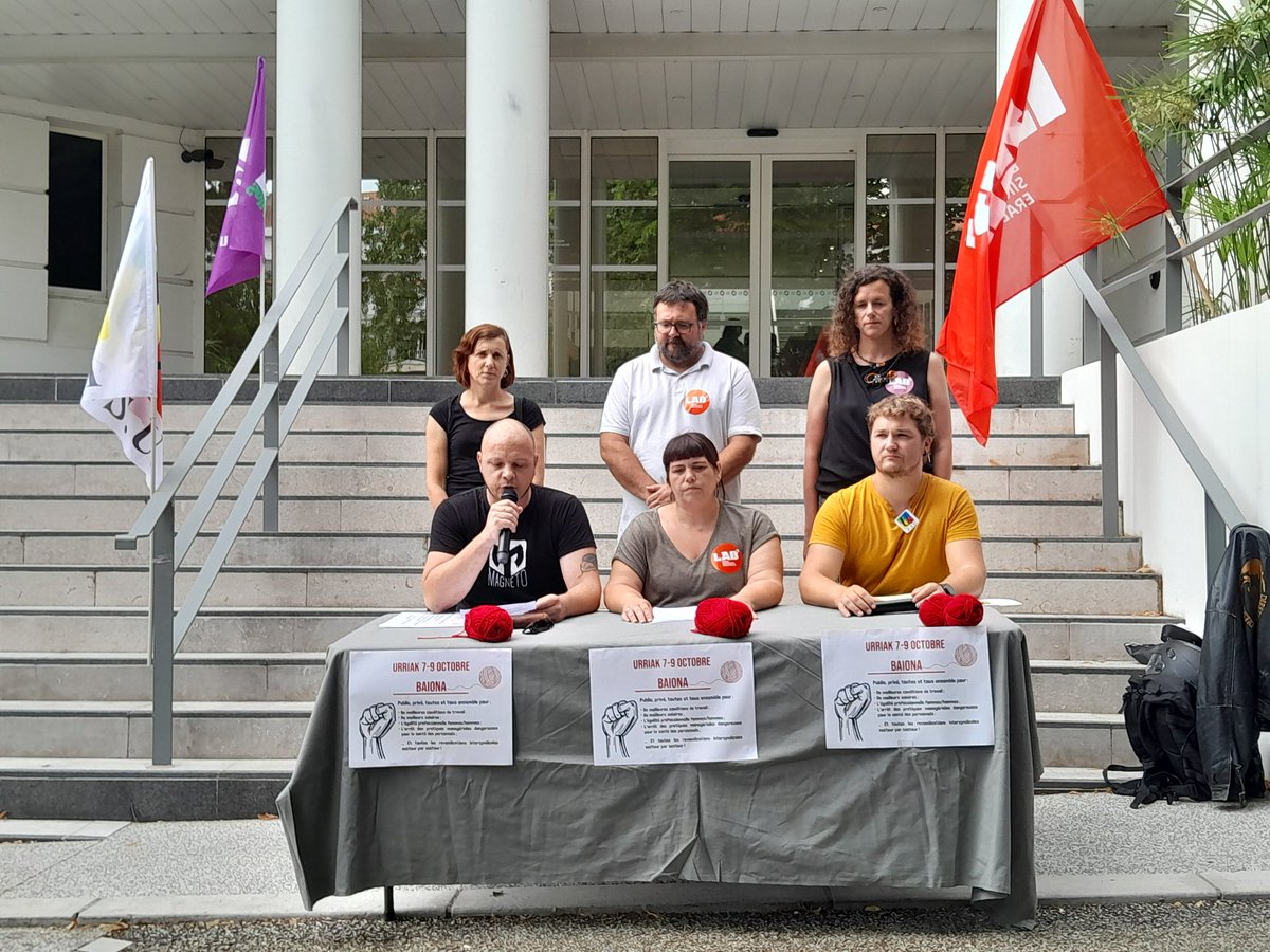 Euskal Irratiak (@euskalirratiak) on Twitter photo 🔴 Urriaren 9rako mobilizazio egun haundia iragarri dute sindikatuek medikuntza eta sozial arloari dagozkion formakuntza eskasia, prekaritatea eta emazte ta gizonen arteko lansarien desberdintasuna salatzeko Baionan <a href="/LABsindikatua/">LAB SINDIKATUA</a> <a href="/CGT/">CGT</a> <a href="/FsuNationale/">FSU</a> <a href="/UnionSolidaires/">Union syndicale Solidaires</a> 🔴 Urriaren 9rako mobilizazio egun haundia iragarri dute sindikatuek medikuntza eta sozial arloari dagozkion formakuntza eskasia, prekaritatea eta emazte ta gizonen arteko lansarien desberdintasuna salatzeko Baionan <a href="/LABsindikatua/">LAB SINDIKATUA</a> <a href="/CGT/">CGT</a> <a href="/FsuNationale/">FSU</a> <a href="/UnionSolidaires/">Union syndicale Solidaires</a>