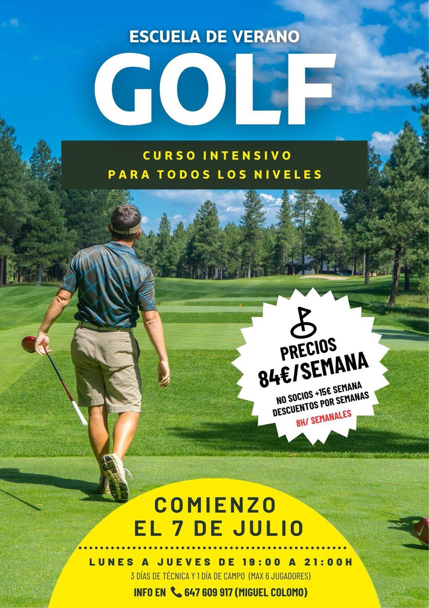ESCUELA DE VERANO DE GOLF! 🏌️‍♂️🌞
Curso intensivo
📅 Comenzamos el 7/07
📍 Norba Club de Golf (Cáceres)
✅ 3 días de técnica + 1 día de campo (máx. 6 jug)
🔻 Descuentos por semanas
⏱️ 8 h/sem

📲 info e inscripciones: Miguel Colomo - 647 609 917
¡Reserva tu plaza y mejora tu golf