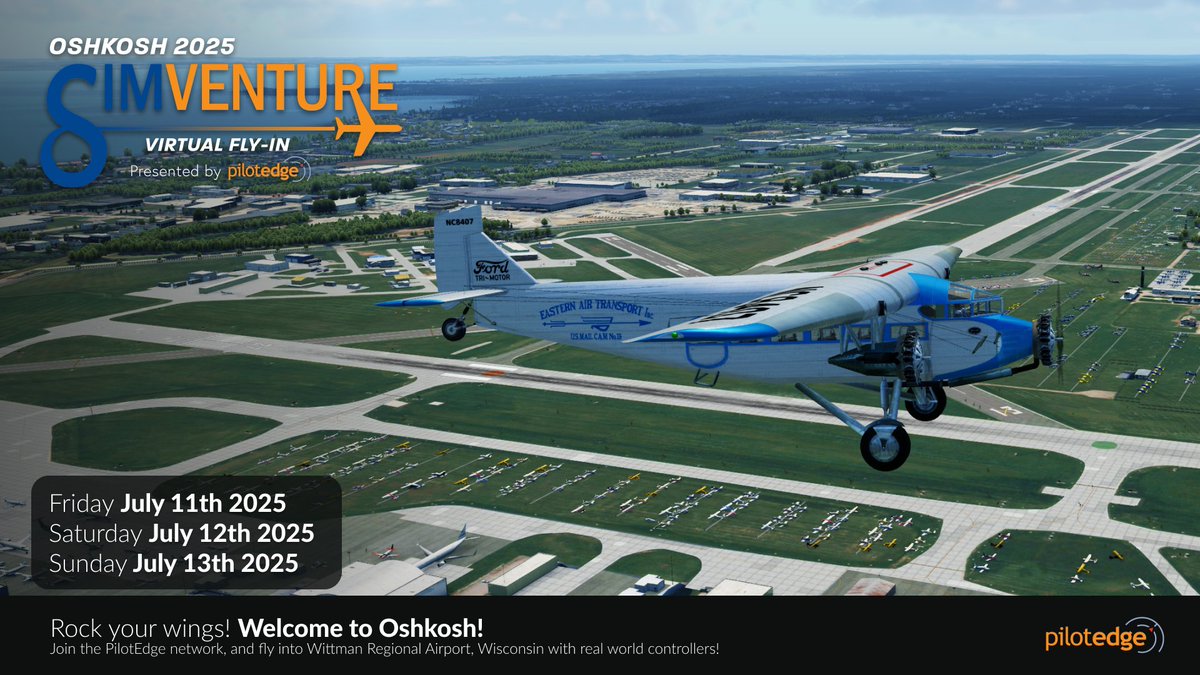 Rock your wings... it's time for Oshkosh! ✈️ 

<a href="/pilotedgeATC/">PilotEdge</a>  returns with their popular SimVenture 2025 fly-in (July 11–13)! Experience what it's like to fly into Oshkosh using your simulator — guided by real Oshkosh air traffic controllers.

SimVenture mirrors the real