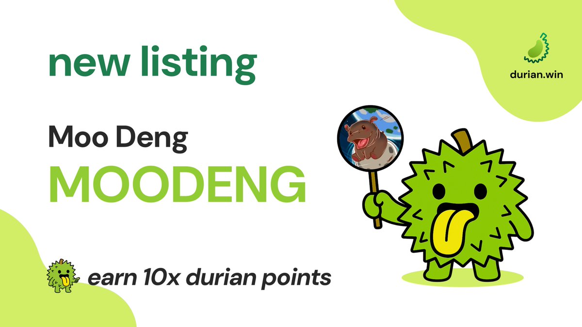durianwin's tweet photo. Next week is 🦛Moo Deng's birthday. Time to prepare celebrations!

$MOODENG is now available on the durian app.

⏫listing boost
long/short MOODENG perps for sweet 10x durian points with up to 20x leverage. available for 2 days only.
