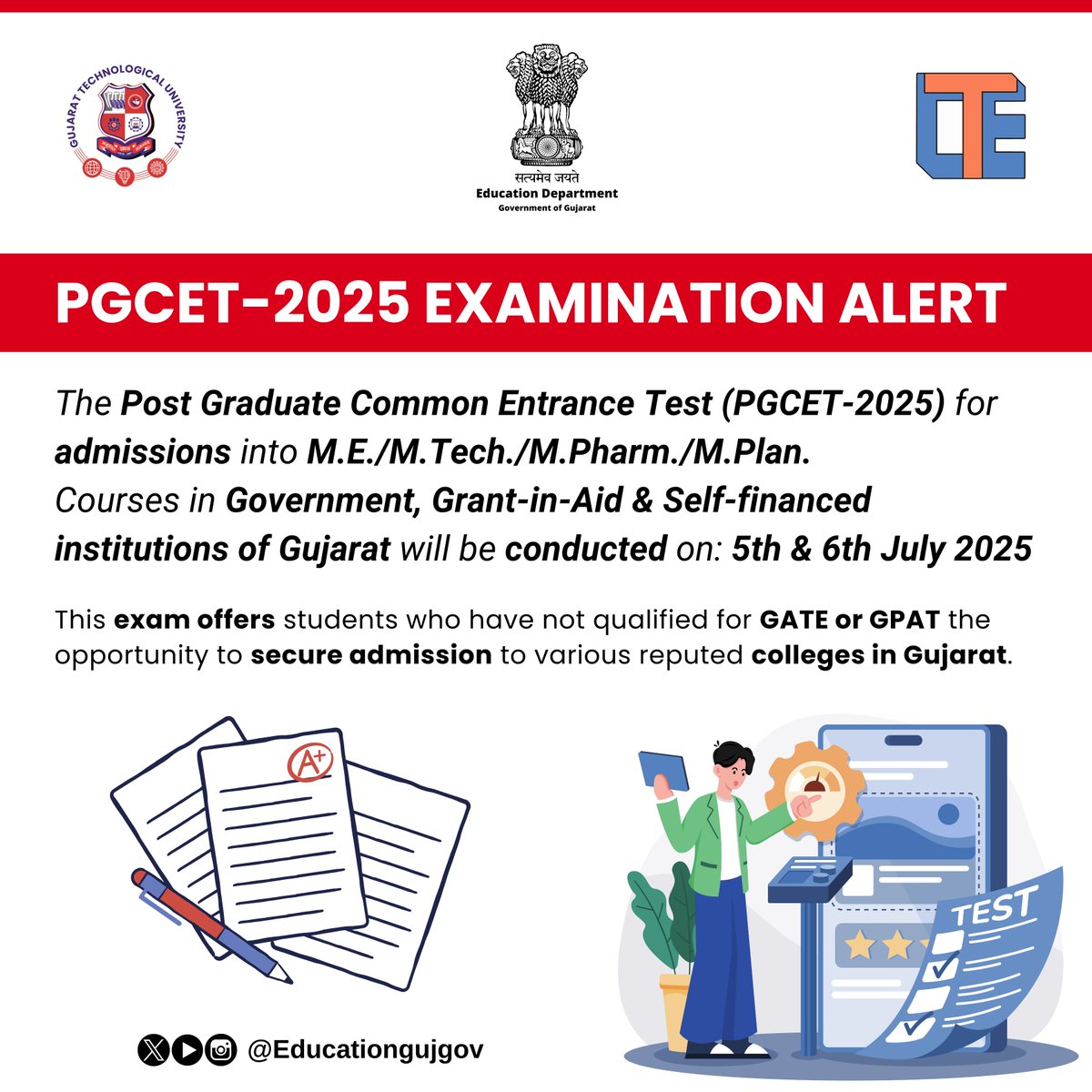 🎓 PGCET-2025 Examination Alert 📝

The Post Graduate Common Entrance Test (PGCET-2025) for admissions into M.E./M.Tech./M.Pharm./M.Plan. courses in Government, Grant-in-Aid &amp; Self-financed institutions of Gujarat will be conducted on: 5th &amp; 6th July 2025

#PGCET2025 #GTU