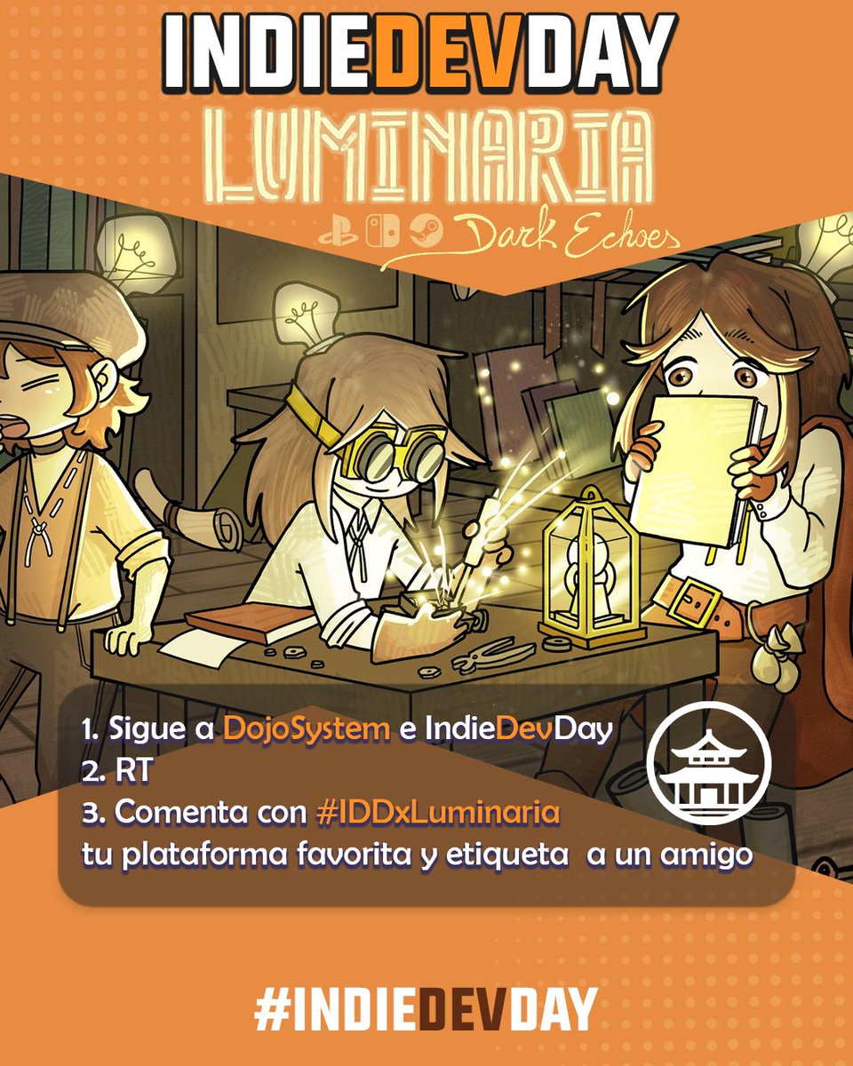 IndieDevDay (@indiedevday) on Twitter photo Sorteamos 3 keys de <a href="/LuminariaEchoes/">Luminaria: Dark Echoes || AVAILABLE NOW</a> 🗝❗
Steam, Nintendo Switch o PlayStation 5. ¿Cuál quieres? 🤔
Para participar:
1️⃣ Sigue a <a href="/DojoSystem/">Dojo System-EVERDARK WISHLIST🩸</a> e IndieDevDay
2️⃣ Haz RT
3️⃣ Comenta con #IDDxLuminaria tu plataforma favorita y etiqueta a quien ilumina tu camino 💡
🍀 ¡Suerte! 🍀 Sorteamos 3 keys de <a href="/LuminariaEchoes/">Luminaria: Dark Echoes || AVAILABLE NOW</a> 🗝❗
Steam, Nintendo Switch o PlayStation 5. ¿Cuál quieres? 🤔
Para participar:
1️⃣ Sigue a <a href="/DojoSystem/">Dojo System-EVERDARK WISHLIST🩸</a> e IndieDevDay
2️⃣ Haz RT
3️⃣ Comenta con #IDDxLuminaria tu plataforma favorita y etiqueta a quien ilumina tu camino 💡
🍀 ¡Suerte! 🍀