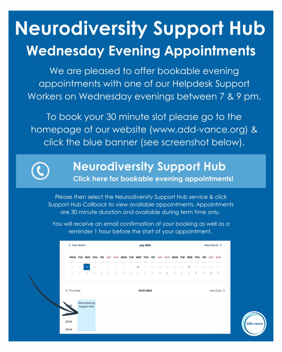 VanceAdd's tweet image. Book your 30 minute evening telephone appointment with our Neurodiversity Support Hub team.
👉 add-vance.org/parents/neurod…
#NeurodiversitySupportHub #Helpline #Helpdesk #Neurodiversity #Neurodiverse #Neurodivergent #Neurodivergence #Autism #ADHD #Support #Hertfordshire #Herts