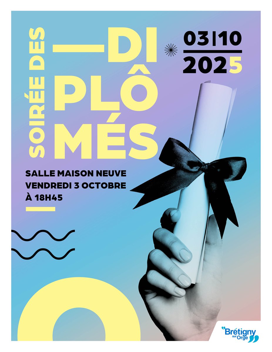 [Soirée des diplômés] 🥳
La Ville de #Brétigny félicite les lycéens ayant obtenu leur #bac2025 ! Comme chaque année, une grande soirée leur sera consacrée en octobre, ainsi qu'aux jeunes ayant obtenu le CAP ! 
➕ d'infos &amp; inscriptions 👉 bit.ly/45P4iCY