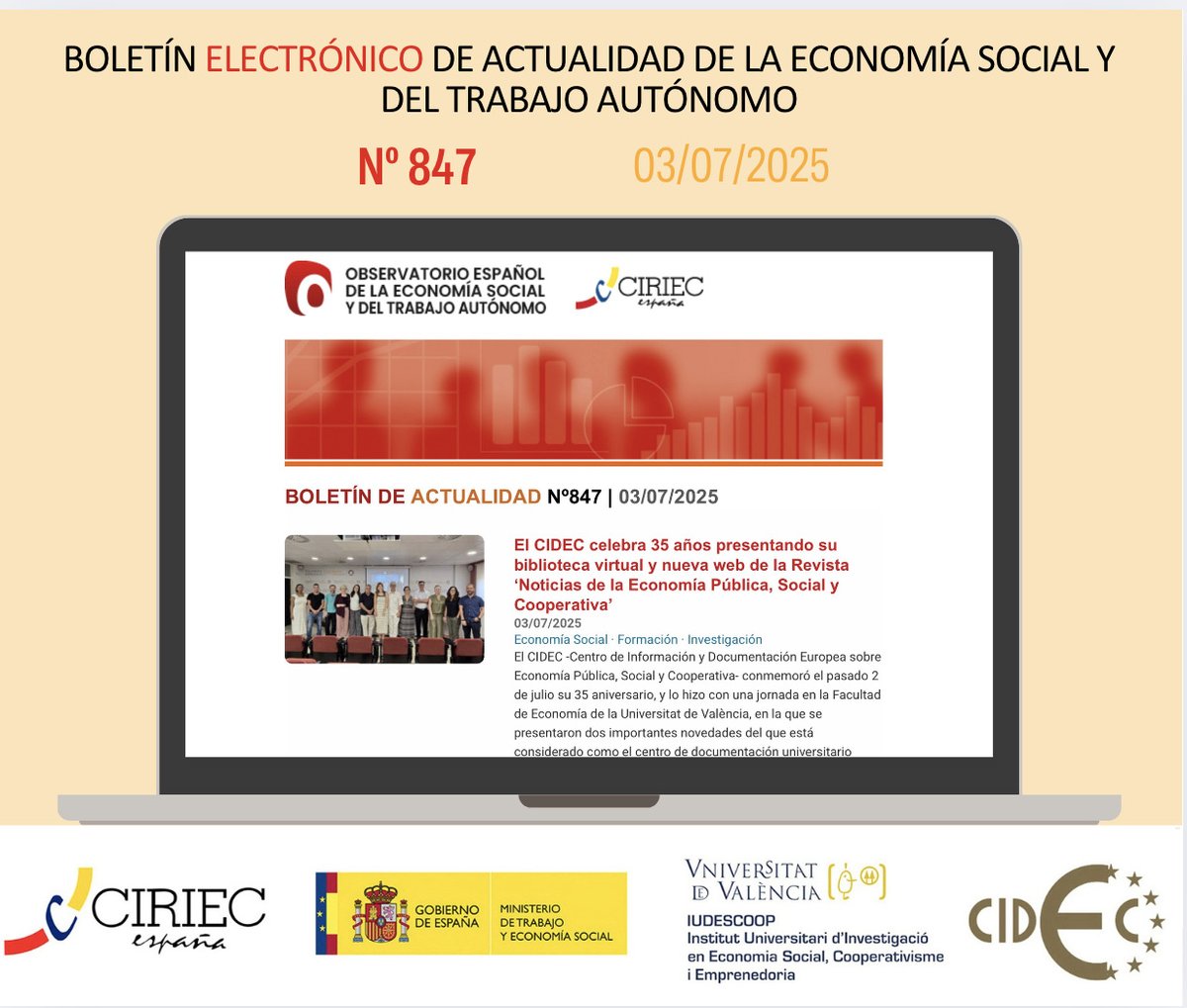 CIRIEC_Esp's tweet photo. El verano nos sigue trayendo muy interesantes e importantes novedades de la #EconomíaSocial #TrabajoAutónomo
Compartimos número del Boletín semanal en: https://t.co/sk0h8kSjo5
Atentos 😉
#CIDEC #CoopsDay #FFD4 #Cooperativas #TercerSector https://t.co/1LVDoqmAIX