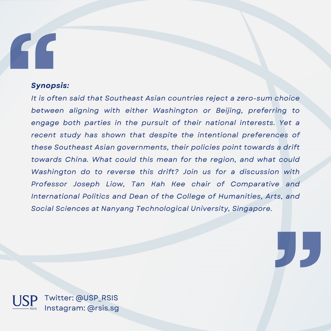 The U.S. Programme Podcast, RSIS (@usp_rsis) on Twitter photo In a region where governments would prefer not to choose between the US and China, what would a tipping point look like? How would it change the dynamics of the region? Tune in to our next episode to find out. In a region where governments would prefer not to choose between the US and China, what would a tipping point look like? How would it change the dynamics of the region? Tune in to our next episode to find out.