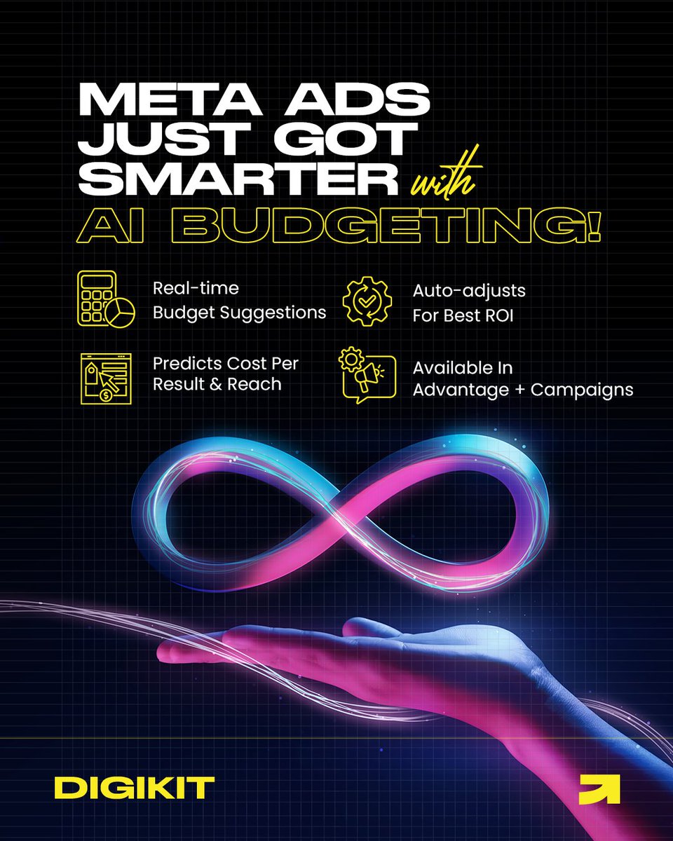 DigikitAgency's tweet image. Meta Ads recently got a smart upgrade: AI Budgeting!
✅ Real-time suggestions
✅ Predicts cost per result
✅ Auto-adjusts for ROI
✅ Advantage+ ready
Smarter campaigns start here. And we can help you build yours. 

#MetaAds #Digikit #AIBudgeting #AdTech