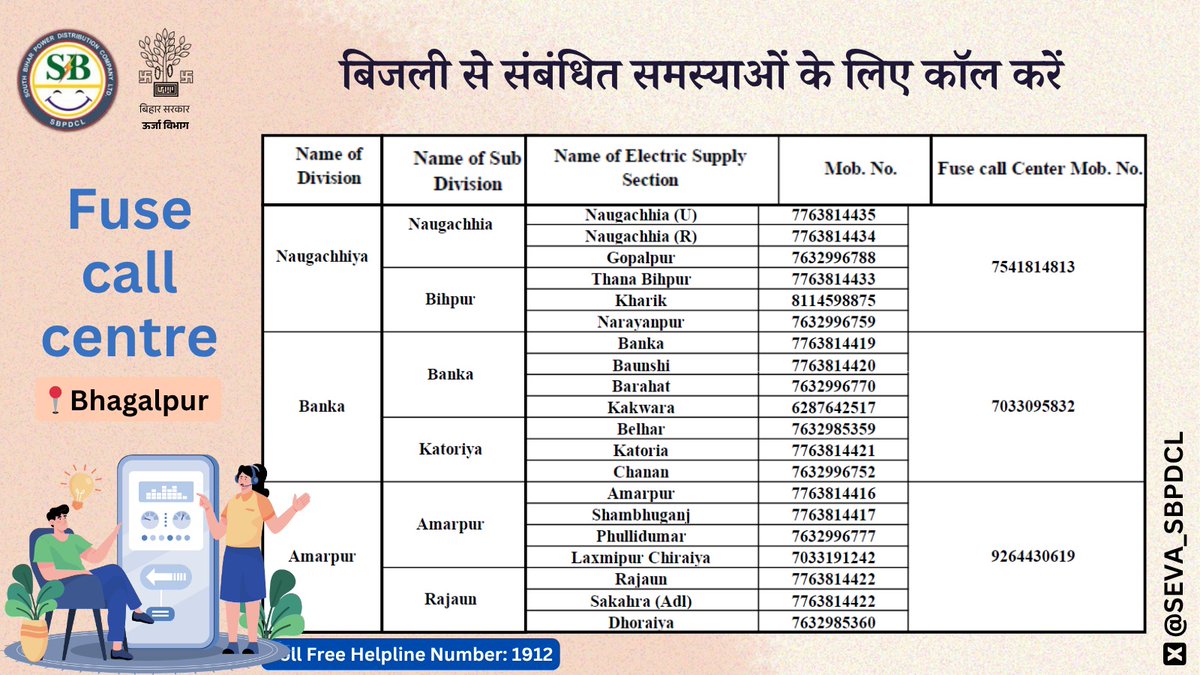 South Bihar Power Distribution Company Limited (@seva_sbpdcl) on Twitter photo рдмрд┐рдЬрд▓реА рд╕реЗ рдЬреБрдбрд╝реА рдЖрдкрдХреА рд╣рд░ рдкрд░реЗрд╢рд╛рдиреА рдХрд╛ рд╣рд▓ рд╣реИ рдЕрдм рд╕рд┐рд░реНрдл рдПрдХ рдХреЙрд▓ рджреВрд░!
#рднрд╛рдЧрд▓рдкреБрд░ рд╕рд░реНрдХрд┐рд▓ рдХреЗ рдЙрдкрднреЛрдХреНрддрд╛ рдмрд┐рдЬрд▓реА рд╕реЗ рд╕рдВрдмрдВрдзрд┐рдд рд╕рдорд╕реНрдпрд╛ рдХреЗ рд▓рд┐рдП рдиреАрдЪреЗ рджрд┐рдП рдЧрдП рдЕрдкрдиреЗ рдХреНрд╖реЗрддреНрд░ рдХреЗ рдлреНрдпреВрдЬ рдХреЙрд▓ рд╕реЗрдВрдЯрд░ рдкрд░ рдХреЙрд▓ рдХрд░ рддреБрд░рдВрдд рд╕рдорд╛рдзрд╛рди рдкрд╛ рд╕рдХрддреЗ рд╣реИрдВред
<a href="/escbhagalpur/">ESC BHAGALPUR</a> рдмрд┐рдЬрд▓реА рд╕реЗ рдЬреБрдбрд╝реА рдЖрдкрдХреА рд╣рд░ рдкрд░реЗрд╢рд╛рдиреА рдХрд╛ рд╣рд▓ рд╣реИ рдЕрдм рд╕рд┐рд░реНрдл рдПрдХ рдХреЙрд▓ рджреВрд░!
#рднрд╛рдЧрд▓рдкреБрд░ рд╕рд░реНрдХрд┐рд▓ рдХреЗ рдЙрдкрднреЛрдХреНрддрд╛ рдмрд┐рдЬрд▓реА рд╕реЗ рд╕рдВрдмрдВрдзрд┐рдд рд╕рдорд╕реНрдпрд╛ рдХреЗ рд▓рд┐рдП рдиреАрдЪреЗ рджрд┐рдП рдЧрдП рдЕрдкрдиреЗ рдХреНрд╖реЗрддреНрд░ рдХреЗ рдлреНрдпреВрдЬ рдХреЙрд▓ рд╕реЗрдВрдЯрд░ рдкрд░ рдХреЙрд▓ рдХрд░ рддреБрд░рдВрдд рд╕рдорд╛рдзрд╛рди рдкрд╛ рд╕рдХрддреЗ рд╣реИрдВред
<a href="/escbhagalpur/">ESC BHAGALPUR</a>