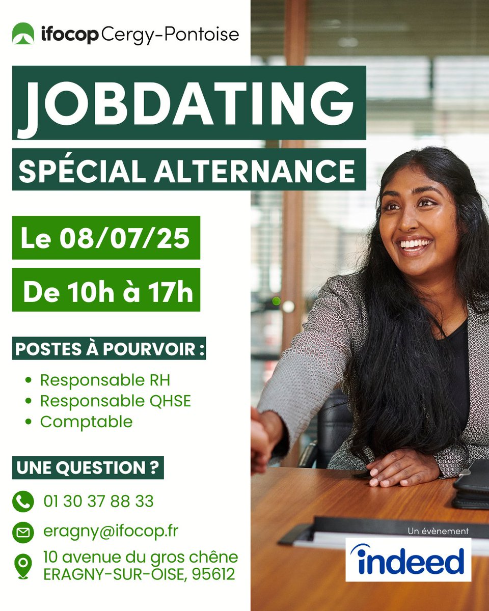 🎯 En quête d'une alternance en RH, QHSE ou Comptabilité ?
🗓️ Rdv le 8 juillet à l’ifocop Cergy-Pontoise pour notre #jobdating spécial alternance (10h-17h) !
💡 Votre CV est à jour ? Venez décrocher un contrat en #alternance : intsignup.indeed.com/interview/b3af…