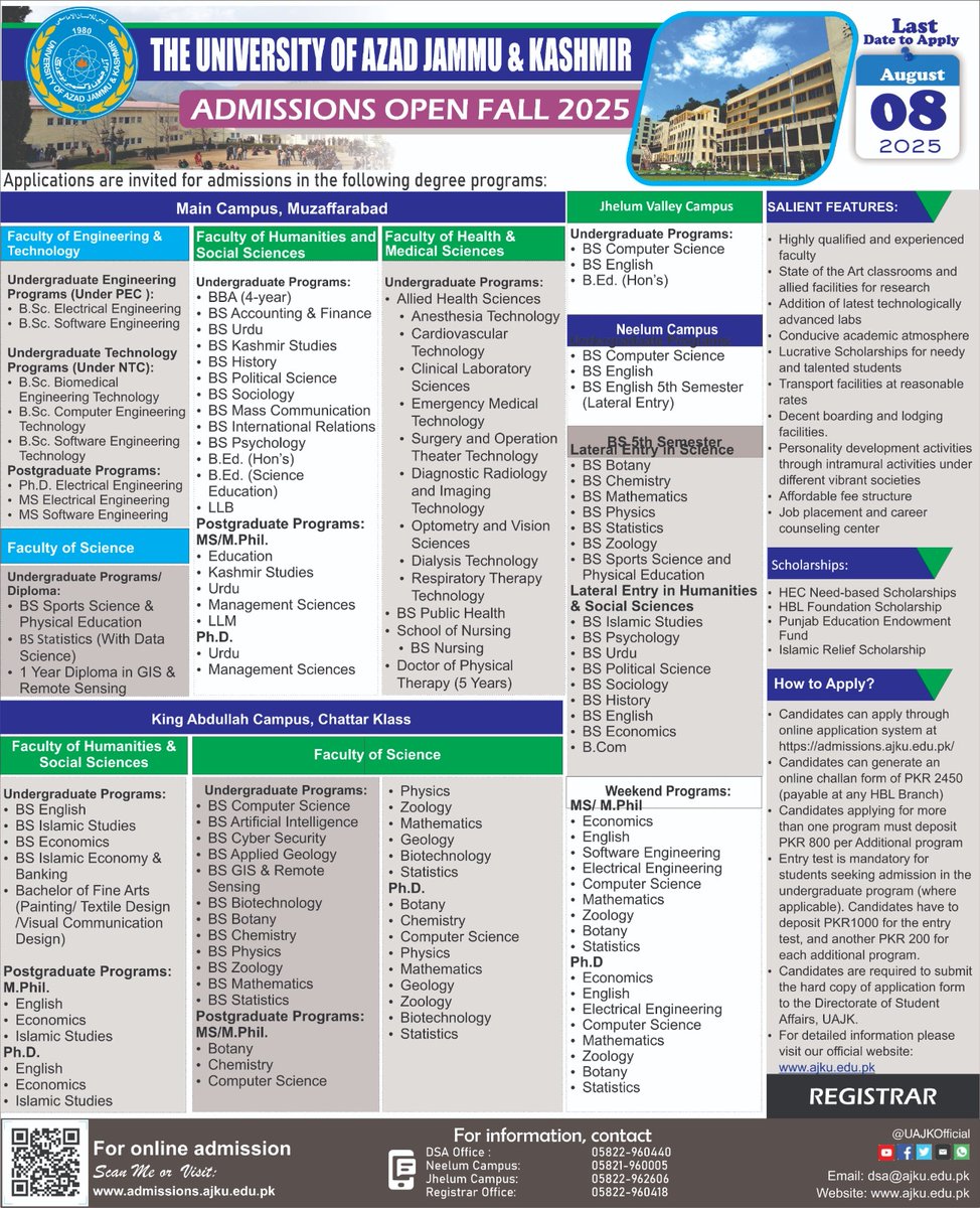 UAJK_Official's tweet photo. 🎓 Admissions Open – Fall 2025
Apply now at @UAJK_Official, a premier public university offering BS, MS/M.Phil &amp; PhD programs in Engineering, Health Sciences, AI, Social Sciences &amp; more.
📅 Last date: August 08, 2025
🌐 https://t.co/4FmgWsuNhV

#UAJKAdmissions2025 #StudyAtUAJK https://t.co/5ef14SkiHH