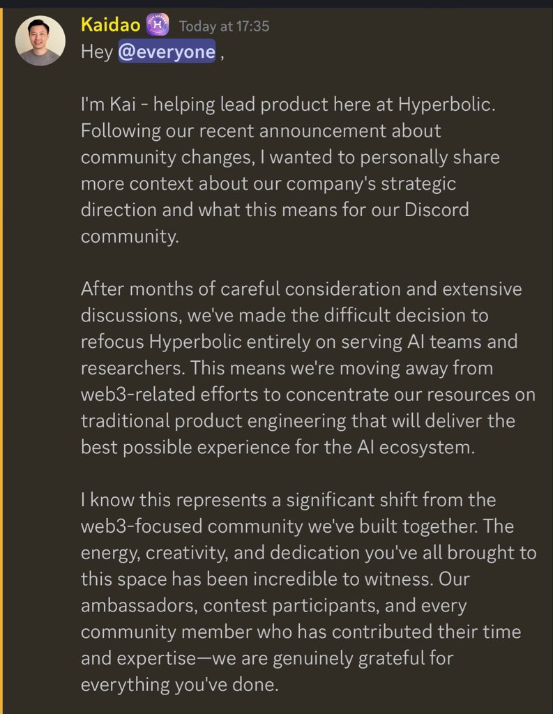 Hyperbolic yappers are in currently pain as founder officially announced on shifting their project focus away from web3. 

Check on your yapper frnd🙂‍↔️🥹
