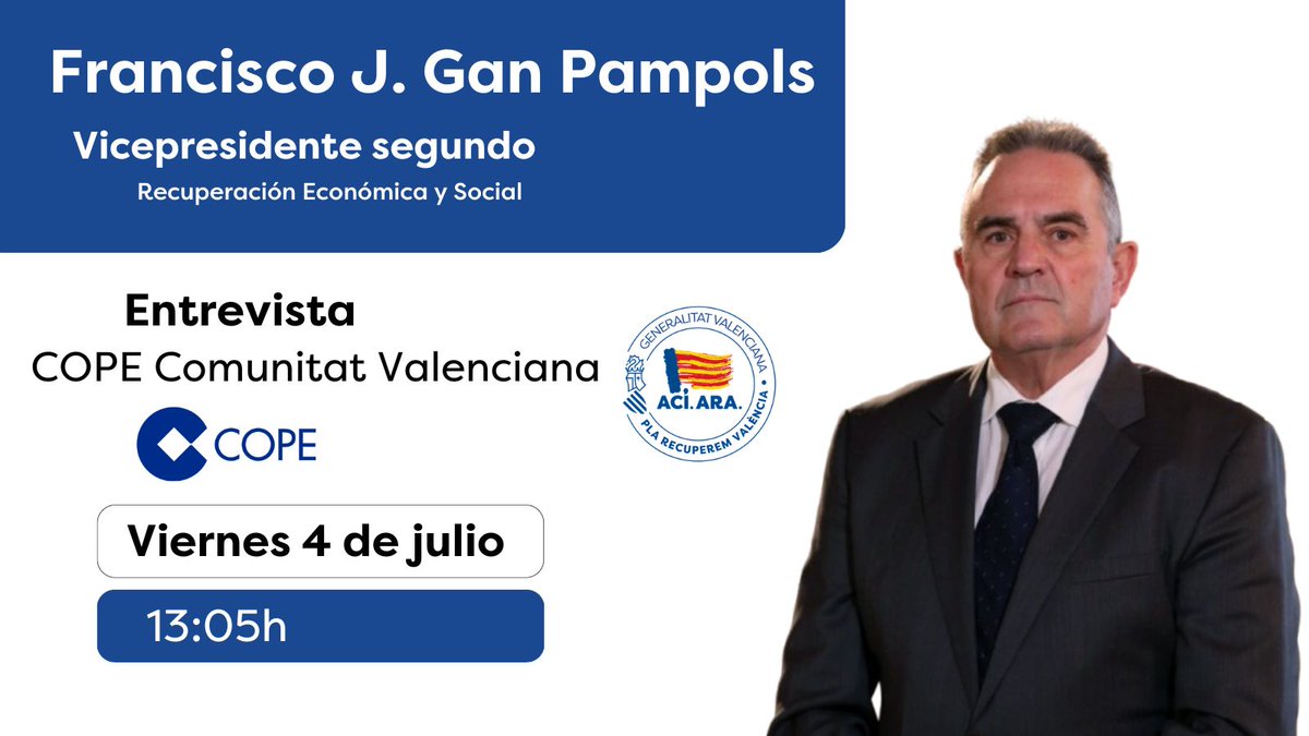 GVA Recuperació (@gvarecuperacio) on Twitter photo 📻No te pierdas hoy la entrevista al vicepresidente Gan Pampols en <a href="/COPEValencia/">COPE Valencia</a> para explicar el Plan Endavant
📆Este viernes
⏰A partir de las 13.05 horas
🔗Síguelo en directo en cope.es/emisoras/comun… 📻No te pierdas hoy la entrevista al vicepresidente Gan Pampols en <a href="/COPEValencia/">COPE Valencia</a> para explicar el Plan Endavant
📆Este viernes
⏰A partir de las 13.05 horas
🔗Síguelo en directo en cope.es/emisoras/comun…