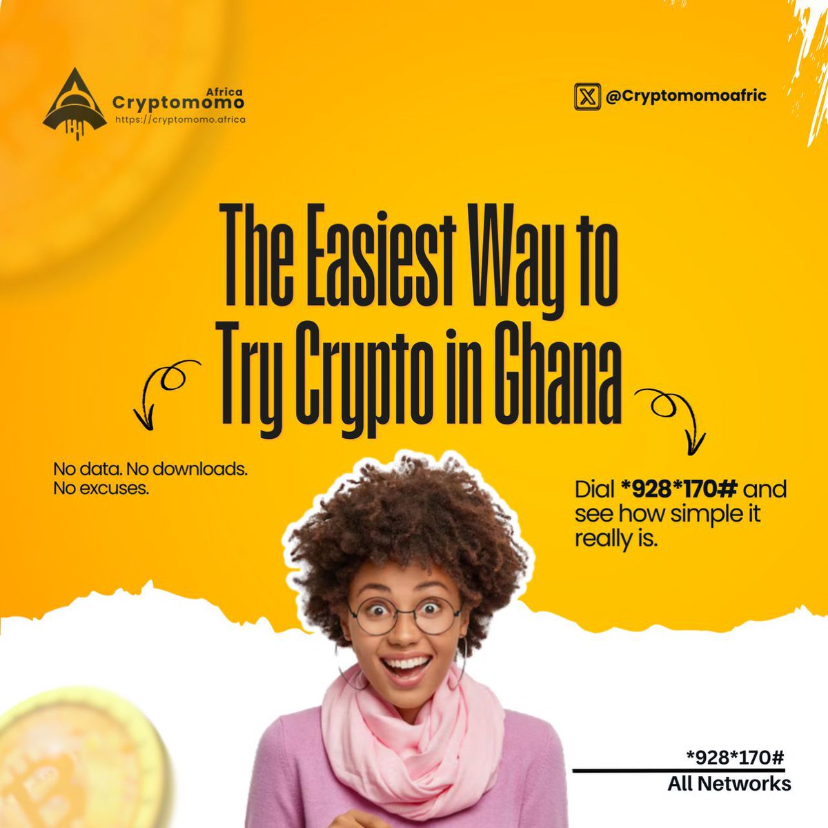 The easiest way to crypto in Ghana!

No app
No data
No wahala

Dail *928*170# on all networks &amp; start sending crypto today

Get free tokens. Try it for fee

Tell a friend

Chale, even your grandma can use it! 🌍

#CryptoMomo #ussd #Crypto #GhanaFintech #CryptoMadeSimple #Chale