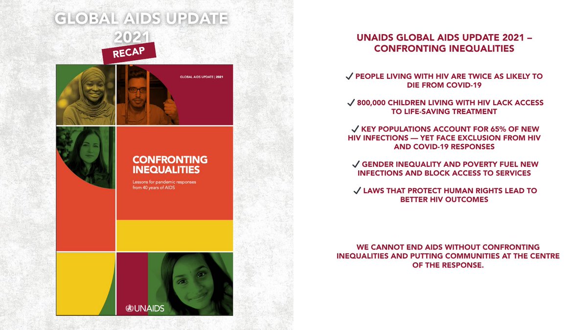 The Global AIDS Update 2021 showed that people living with HIV faced double jeopardy: higher risk of severe #COVID19 and growing inequalities. Key populations, children, and marginalized groups were still left behind. It called for urgent action to confront inequalities. #EndAIDS