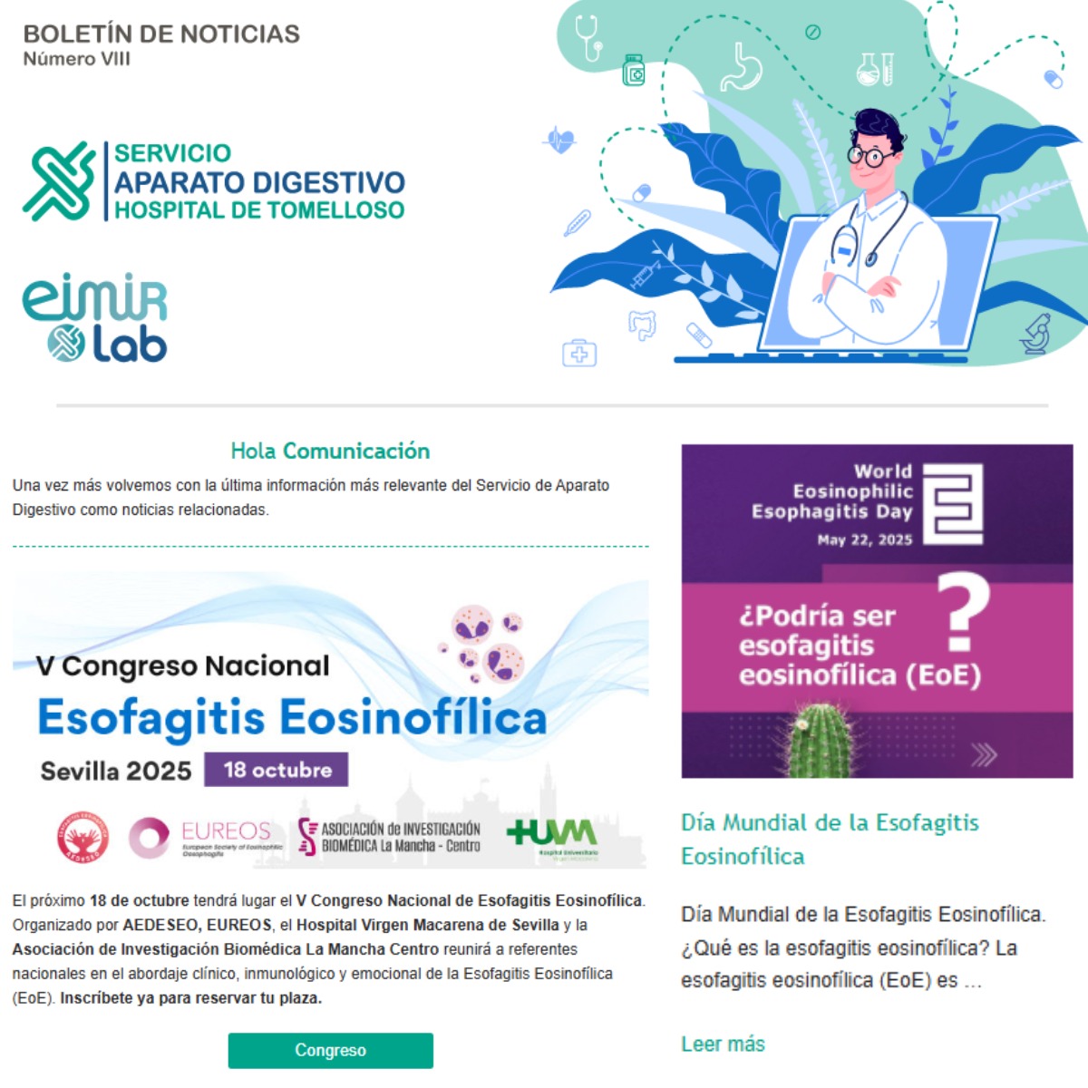 El congreso de AEDESEO y el Día Mundial de la EoE en el boletín de noticias de <a href="/EimirLab/">Eimir Lab</a>
¡Gracias por compartir! 🩷
Recuerda que las inscripciones al congreso están abiertas, para pacientes, familias y profesionales. Más info 🔗aedeseo.es/v-congreso-eoe
<a href="/EUREOS_EoE/">EUREOS</a> <a href="/AlfredoLucendo/">Alfredo J Lucendo</a>