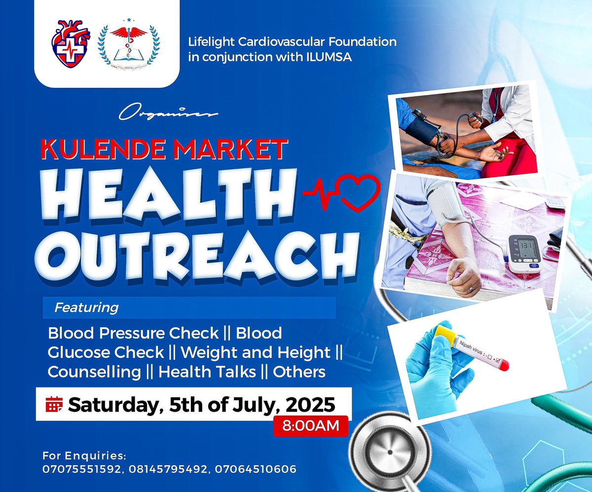 Tomorrow, we’re taking health to the people 🩺

📍 Kulende Market
🕗 8:00AM
💙 BP &amp; Sugar Checks
📏 BMI Assessment
💬 Counselling &amp; Consultations
📋 Referrals as needed

In partnership with <a href="/IlumsaIlorin/">We Are ILUMSA</a>, Lifelight Cardiovascular Foundation is bridging the gap in access to care.
