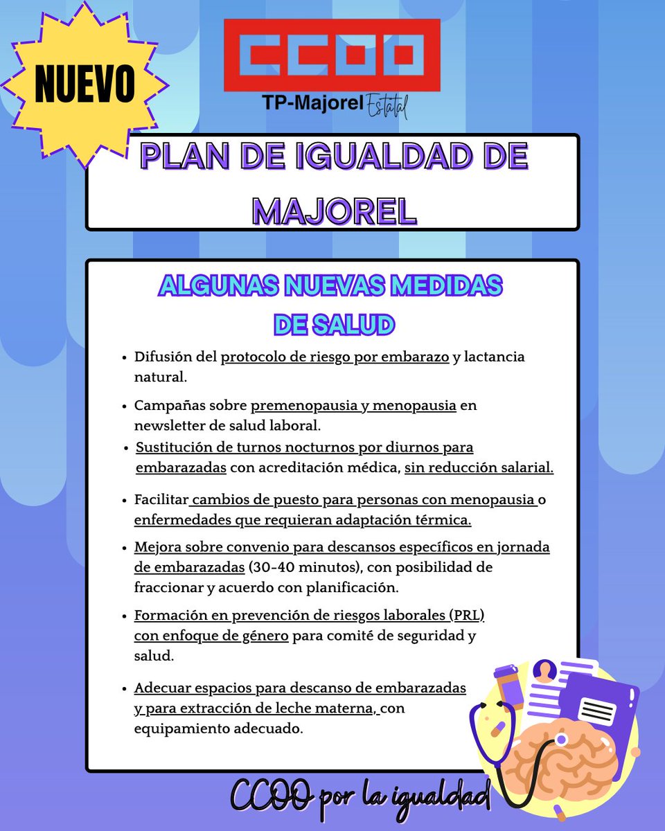 🔹 Nuevo Plan de Igualdad en Majorel💙💜
CCOO logra un paso más en la mejora de la salud laboral y las condiciones de trabajo.
Este nuevo acuerdo incorpora medidas concretas que responden a necesidades reales de la plantilla.
Seguiremos informando.
#CCOO #SaludLaboral