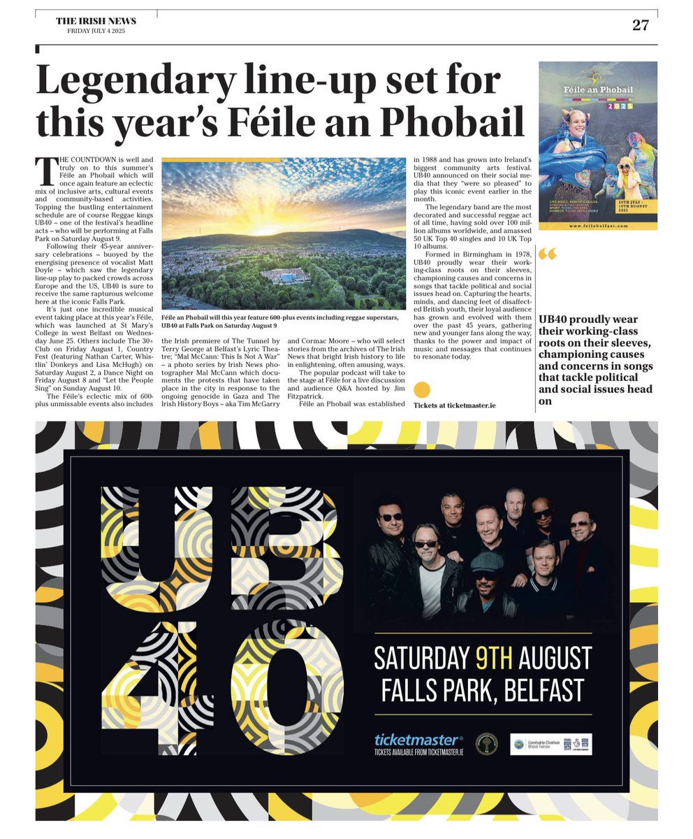 Féile an Phobail (@feilebelfast) on Twitter photo ‘Legendary line-up set for this year’s Féile an Phobail’
<a href="/irish_news/">The Irish News</a> article today on some of the over 600 events taking place at Féile 2025, including the amazing UB40! ‘Legendary line-up set for this year’s Féile an Phobail’
<a href="/irish_news/">The Irish News</a> article today on some of the over 600 events taking place at Féile 2025, including the amazing UB40!