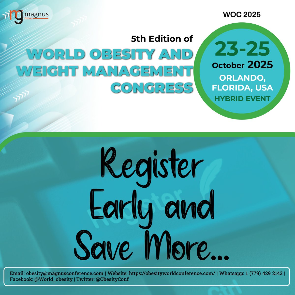 OBESITY WORLD CONFERENCE (@world_obesity) on Twitter photo 🎯 Register Early & Save More!
🧠 Join the global conversation on #Obesity, #WeightManagement & #MetabolicHealth at the <a href="/world_obesity/">OBESITY WORLD CONFERENCE</a>
🔬 Keynotes | 📝Workshops | ✅ Networking | 🌎Global Experts
🚨 Unlock big savings by securing your spot today
🔗 obesityworldconference.com/register 🎯 Register Early & Save More!
🧠 Join the global conversation on #Obesity, #WeightManagement & #MetabolicHealth at the <a href="/world_obesity/">OBESITY WORLD CONFERENCE</a>
🔬 Keynotes | 📝Workshops | ✅ Networking | 🌎Global Experts
🚨 Unlock big savings by securing your spot today
🔗 obesityworldconference.com/register