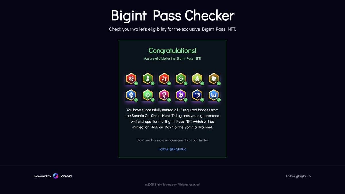 chn1372491's tweet photo. Hey Somniacs

I minted all 12 Bigint Badges for earn Bigint Pass Whitelist. Bigint Pass Whitelist holders can mint this NFT for FREE.

Bigint Pass will be minted Somnia Mainnet Day 1.

Mint your badges now: https://t.co/Uow69s6Tys https://t.co/KA9JlrkqkD
