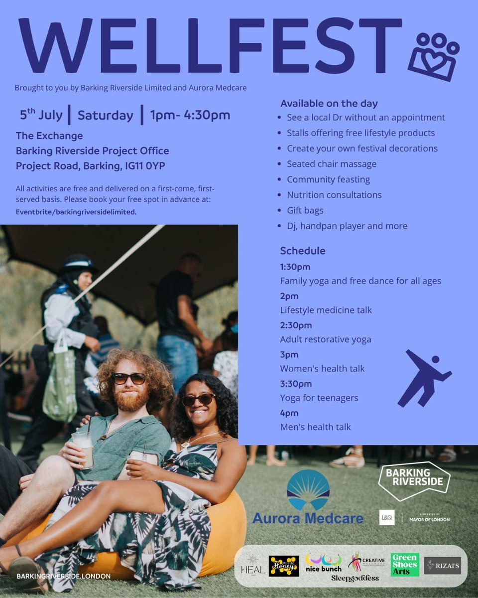 Join us this Saturday for WellFest, a free day of pampering and wellness in Barking Riverside.

Taking place on 5th July, you can take part in yoga sessions, lifestyle and health talks, see a local doctor without an appointment, speak to a nutritionist, and much more.