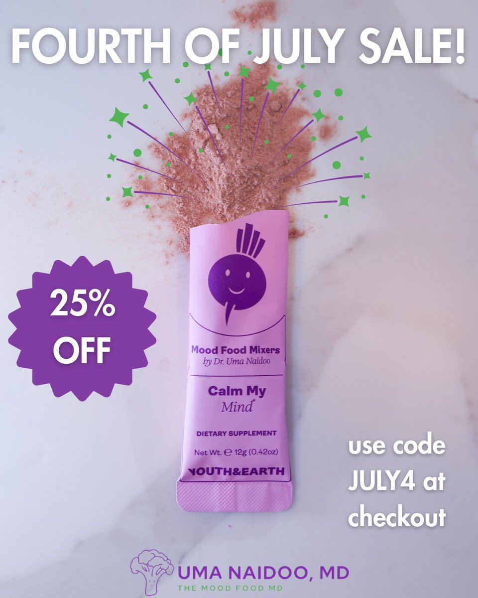 Dr. Uma Naidoo (@drumanaidoo) on Twitter photo ✨ FOURTH OF JULY SALE ✨
Looking for more to celebrate this week? My Mood Food Mixers — formulated to support calm, focus, and a healthy gut-brain connection — are 25% off now through July 6 🎆
Use code JULY4 at checkout 🧠💜
us.youthandearth.com/products/uma-n… ✨ FOURTH OF JULY SALE ✨
Looking for more to celebrate this week? My Mood Food Mixers — formulated to support calm, focus, and a healthy gut-brain connection — are 25% off now through July 6 🎆
Use code JULY4 at checkout 🧠💜
us.youthandearth.com/products/uma-n…