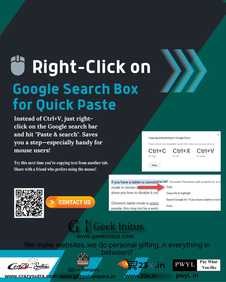 GeekInitus's tweet image. 🖱️ Right-Click on Google Search Box for Quick Paste
Instead of Ctrl+V, just right-click on the Google search bar and hit &quot;Paste &amp;amp; search&quot;. Saves you a step—especially handy for mouse users!BrowserTips #GoogleHack #SimpleTricks