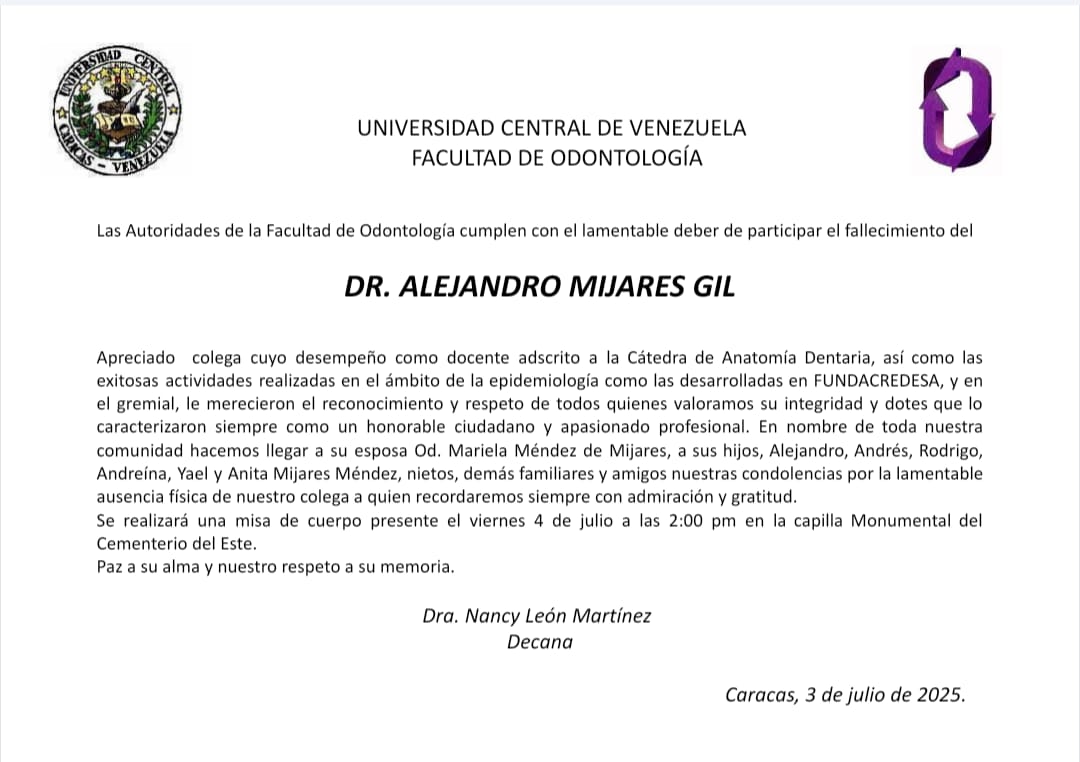 Lamentamos informar el fallecimiento del Dr Alejandro Mijares Gil. Paz a su alma