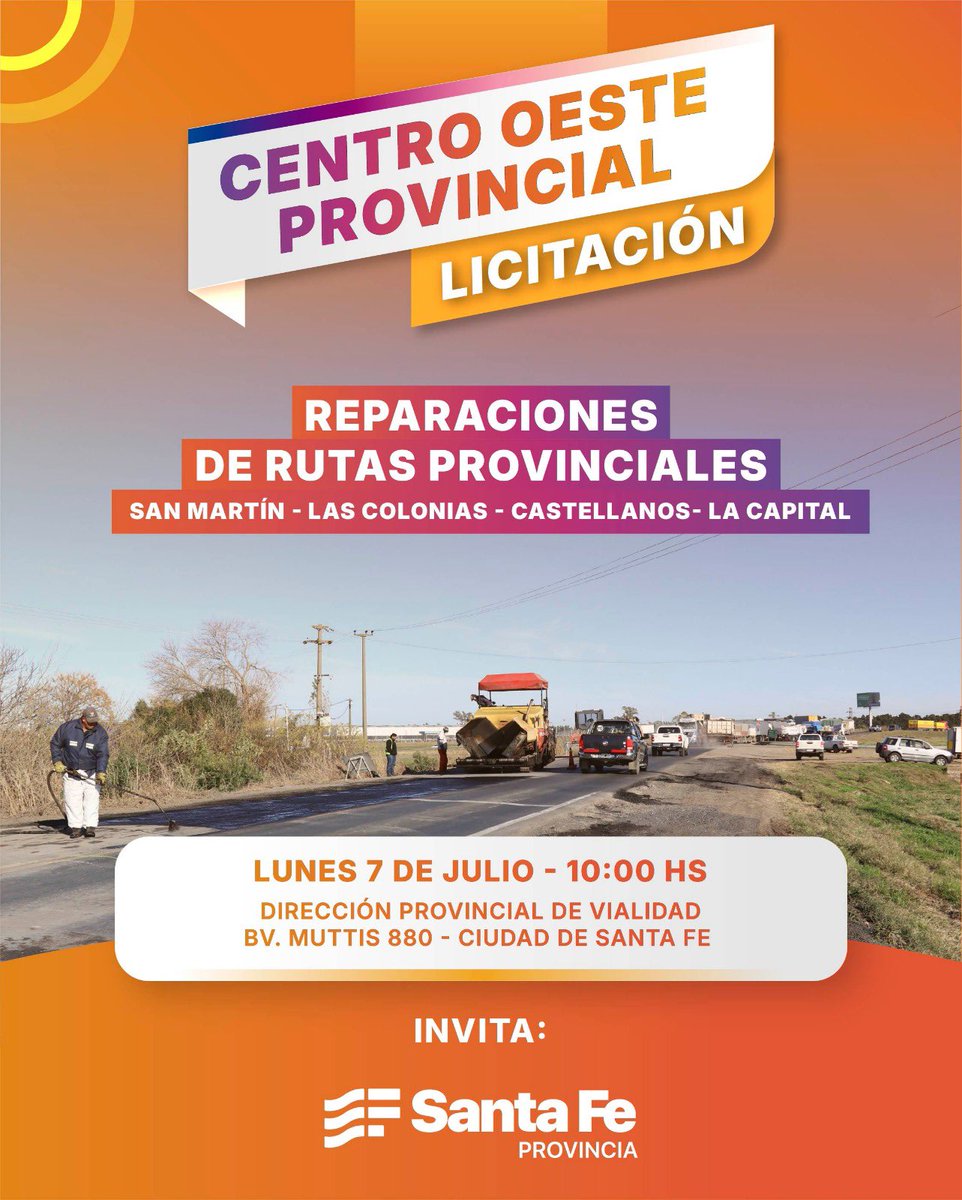 Licitación - Reparaciones de rutas provinciales.

- San Martín
- Las Colonias
- Castellanos
- La Capital