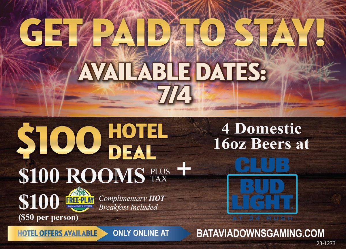 #Tonight! Spend the 4th of July at Batavia Downs with the $100 Hotel Deal! 🌟 Rooms will go fast—don't wait to book!

Book here: bit.ly/4dBQWLL or call 585-815-7000!

*Must be 21+ to book.