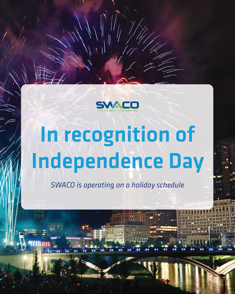In recognition of Independence Day, SWACO will be operating on a holiday schedule. Normal operations will resume on July 5, 2025.

Thank you and we wish everyone a safe holiday.

To view the SWACO Holiday Schedule, visit ow.ly/kV5050Wj8xI.
#SWACO #IndependenceDay
