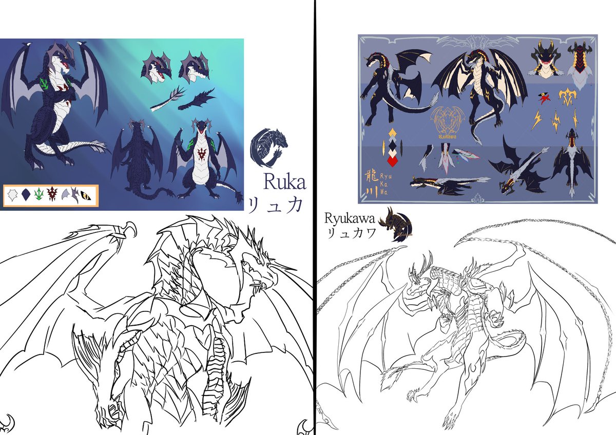 Rukatheknight's tweet image. Btw. About my dragon OCs
The black dragon that I often commission is Ryukawa➡️
The fursuit blue dragon is Ruka⬅️
And they both have two forms:
Normal(simplified) form⬆️
Original form⬇️