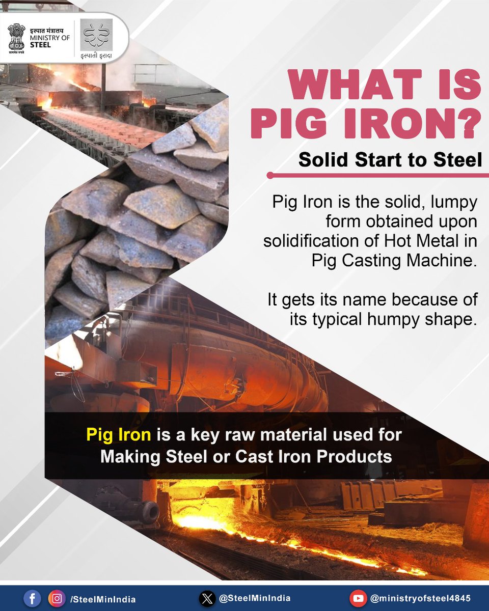 SteelMinIndia's tweet image. Why is it called Pig Iron? 🔥
Because of its unique humpy shape!
Pig Iron is the first solid form of iron on its journey to becoming steel, a vital building block in the steelmaking process.

#SteelSimplified #PigIron #RawToRefined #KnowYourSteel